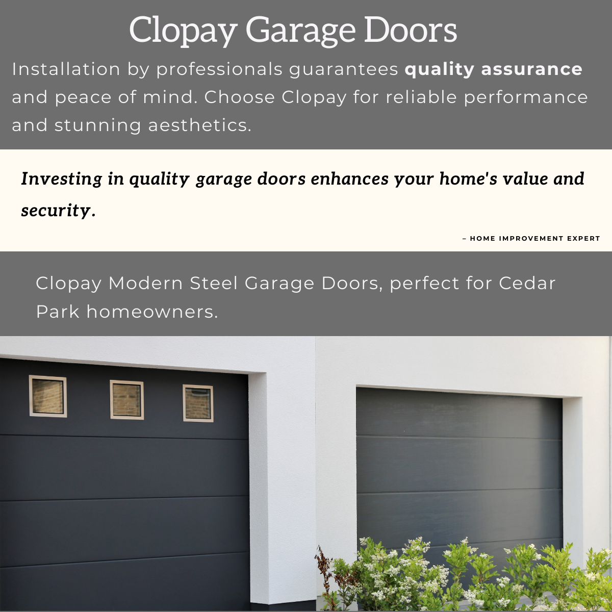 Modern Clopay steel garage door with smart technology features being installed by professionals in Cedar Park.